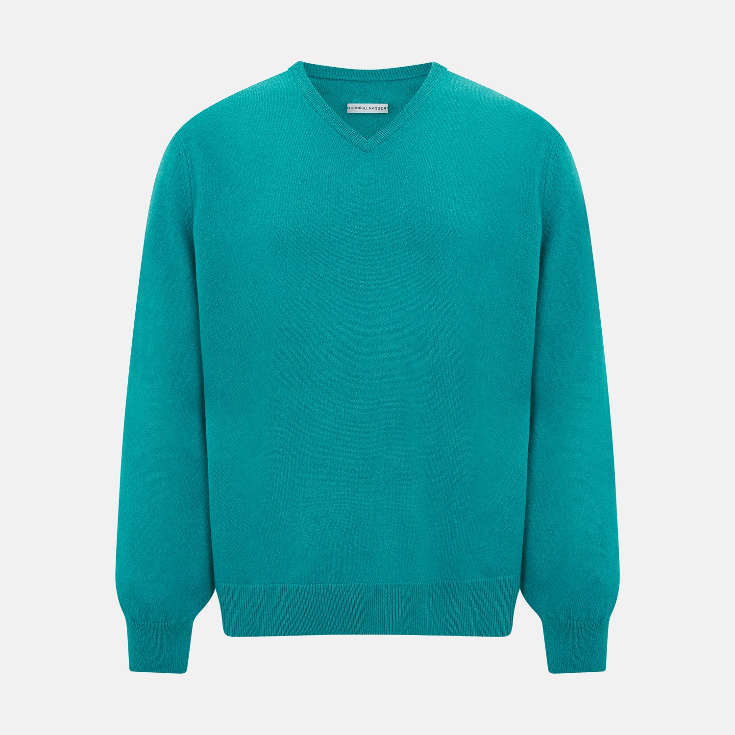 View 1 of product The Turnbull & Asser Turquoise Cashmere V-neck Jumper features long sleeves with ribbed cuffs and hem, displayed on a plain white background—a chic knitwear addition.