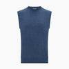 View 5 of product Turnbull & Asser’s Pacific Blue Cashmere Round Neck Vest features a sleeveless design with ribbed collar, armholes, and hem, showcased against a plain white background.
