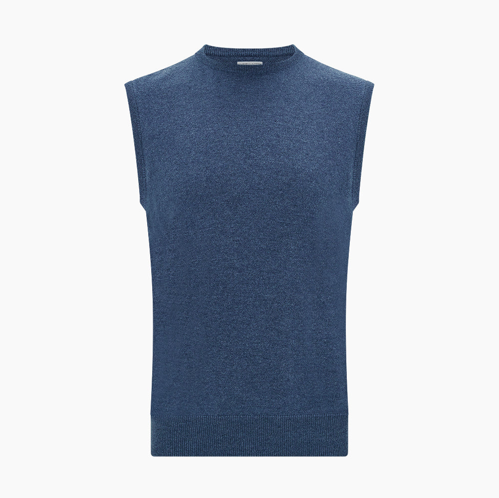 Turnbull & Asser’s Pacific Blue Cashmere Round Neck Vest features a sleeveless design with ribbed collar, armholes, and hem, showcased against a plain white background.