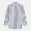 View 5 of product The Turnbull & Asser Green Multi Stripe Regular Fit Shirt features a T&A collar, 3 button cuffs, long sleeves, and vertical blue, green, and white stripes. Laid flat on a white background.