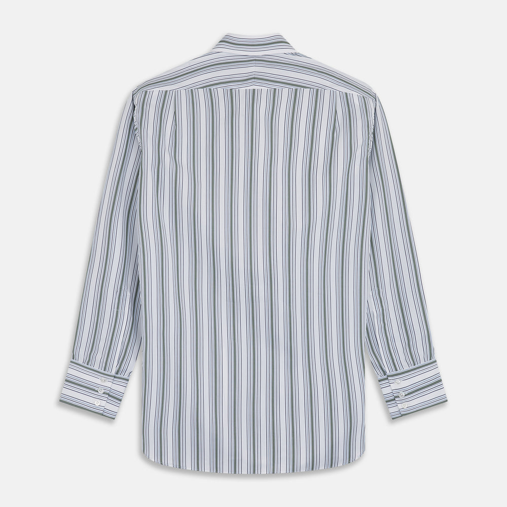 The Turnbull & Asser Green Multi Stripe Regular Fit Shirt features a T&A collar, 3 button cuffs, long sleeves, and vertical blue, green, and white stripes. Laid flat on a white background.