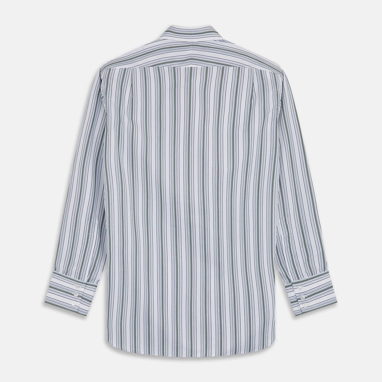 View 5 of product The Turnbull & Asser Green Multi Stripe Regular Fit Shirt features a T&A collar, 3 button cuffs, long sleeves, and vertical blue, green, and white stripes. Laid flat on a white background.