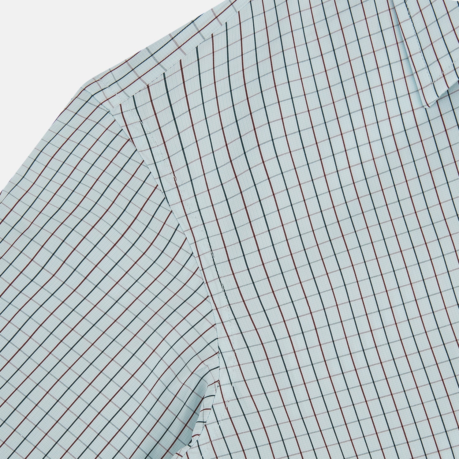 View 6 of product The Turnbull & Asser Forest Melange and Red Overlay Grid Check Westminster Shirt features long sleeves, a pointed collar, and buttoned cuffs, highlighting British craftsmanship. It's shown laid flat against a white background.