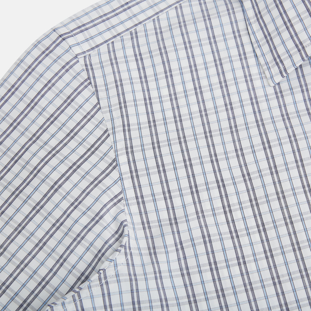 The Turnbull & Asser Navy and Blue Multi Tattersall Westminster Shirt features long sleeves, a button-down style, and a Turnbull collar in a blue and gray check pattern on white, laid flat against a white background.