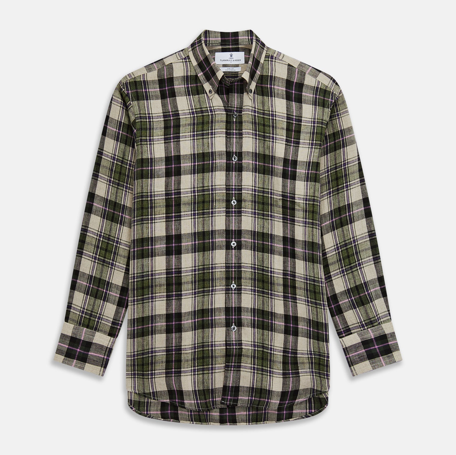 View 1 of product Turnbull & Asser Green & Purple Check Weekend Fit Linen Shirt with Dorset collar and 1-button cuffs, shown flat on a white background.