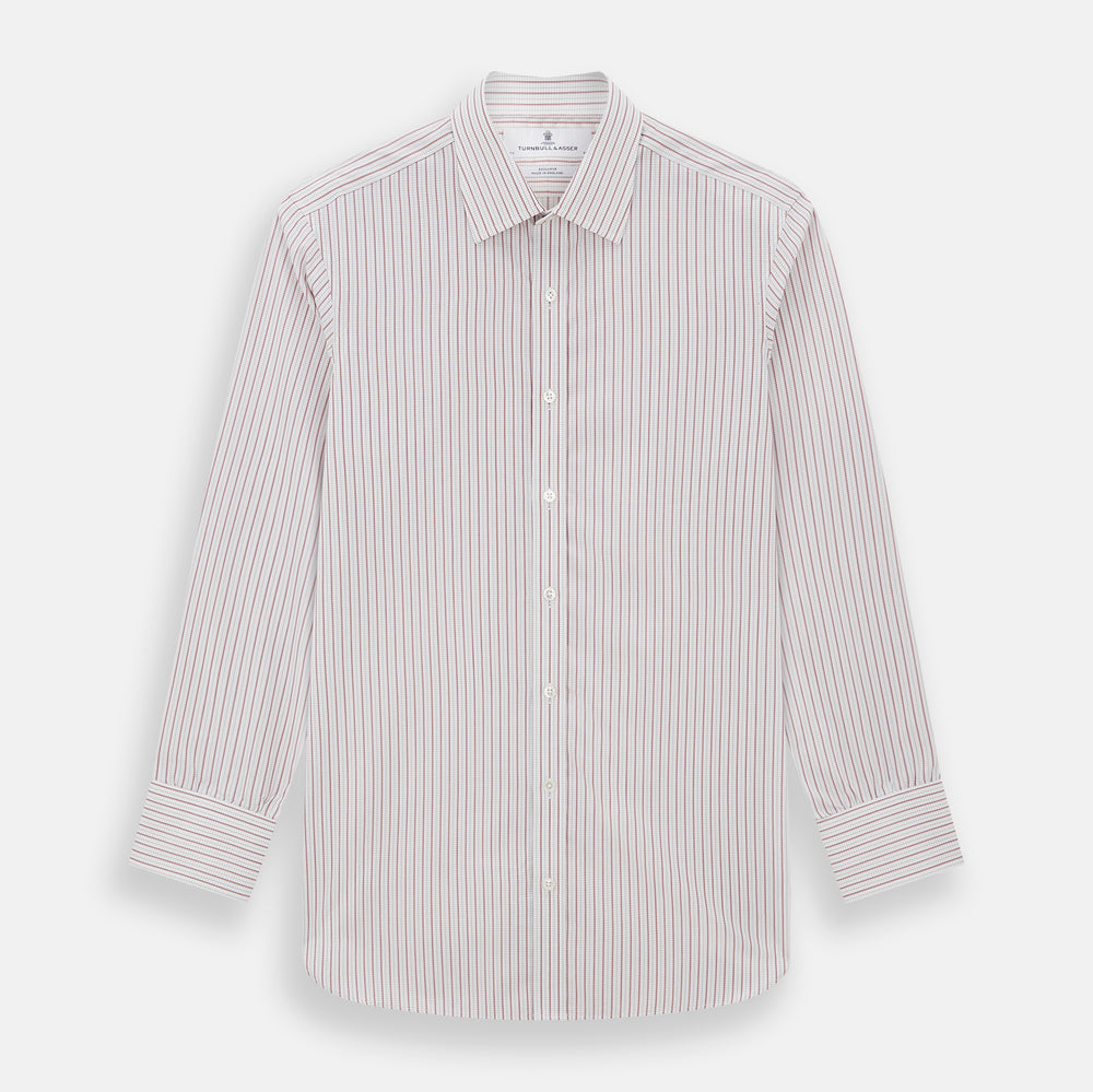 The Turnbull & Asser Red Graph Check Mayfair Shirt features a classic collar and buttoned cuffs, with red and blue stripes on white, ideal for formal wear. Laid flat on a white surface.