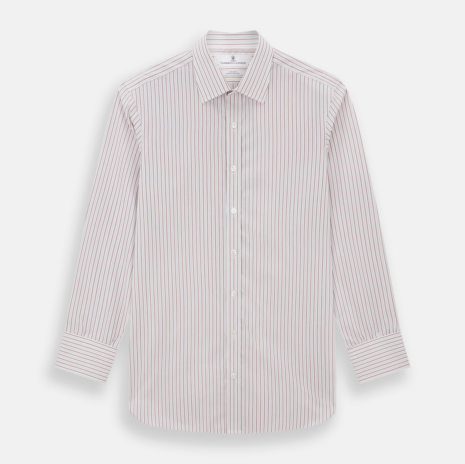 View 1 of product The Turnbull & Asser Red Graph Check Mayfair Shirt features a classic collar and buttoned cuffs, with red and blue stripes on white, ideal for formal wear. Laid flat on a white surface.