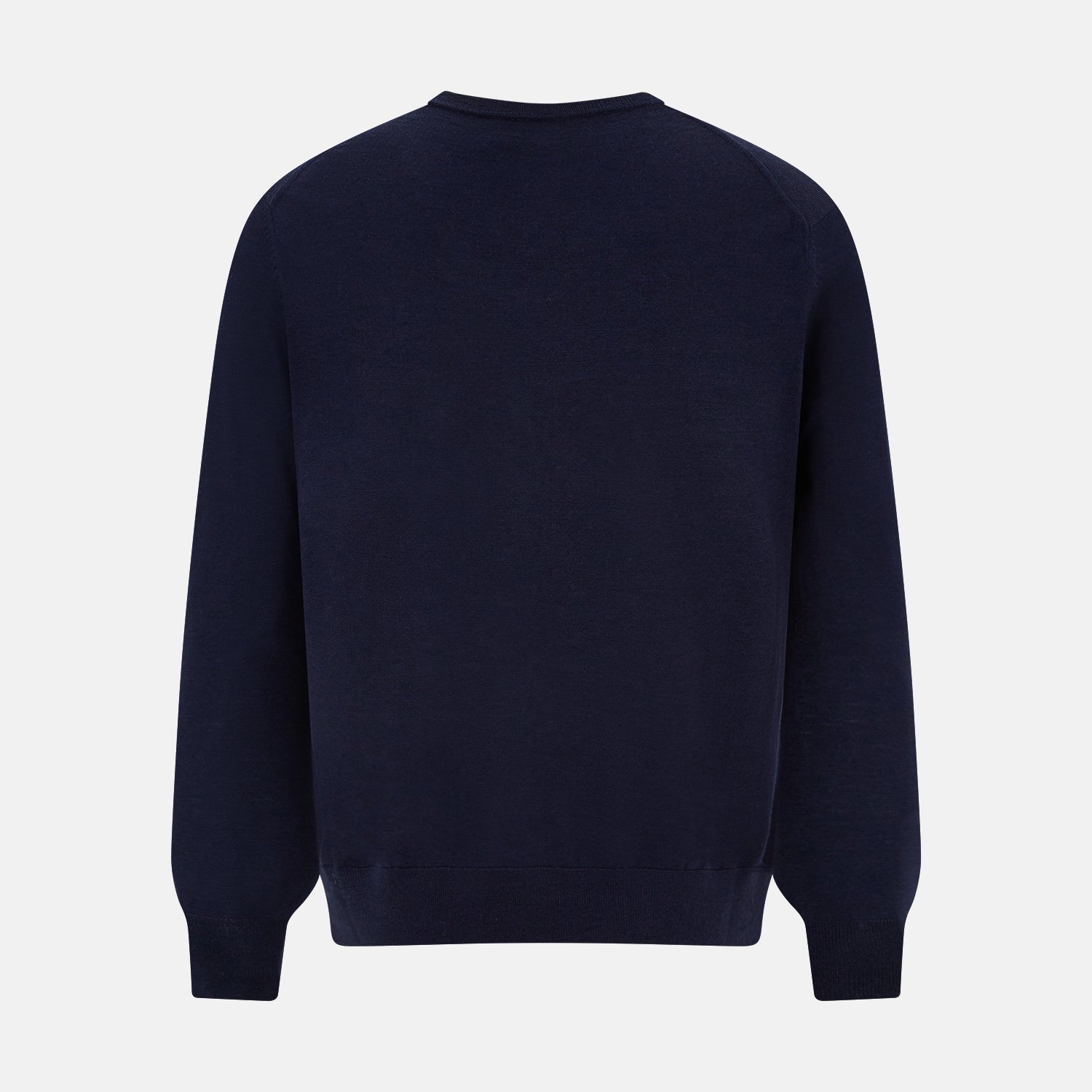 View 3 of product The Turnbull & Asser Navy Fine Merino V-Neck Jumper is displayed against a white background, featuring ribbed cuffs and hem for timeless style in a classic, plain long-sleeve design.