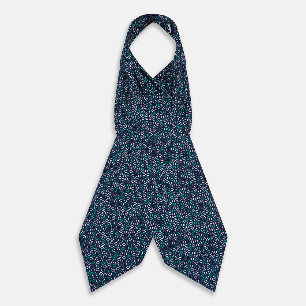 Turnbull & Asser's Multicoloured Dark Navy Circle Silk Cravat features blue, white, and green-outlined circles—ideal for weddings or pairing with classic British attire.