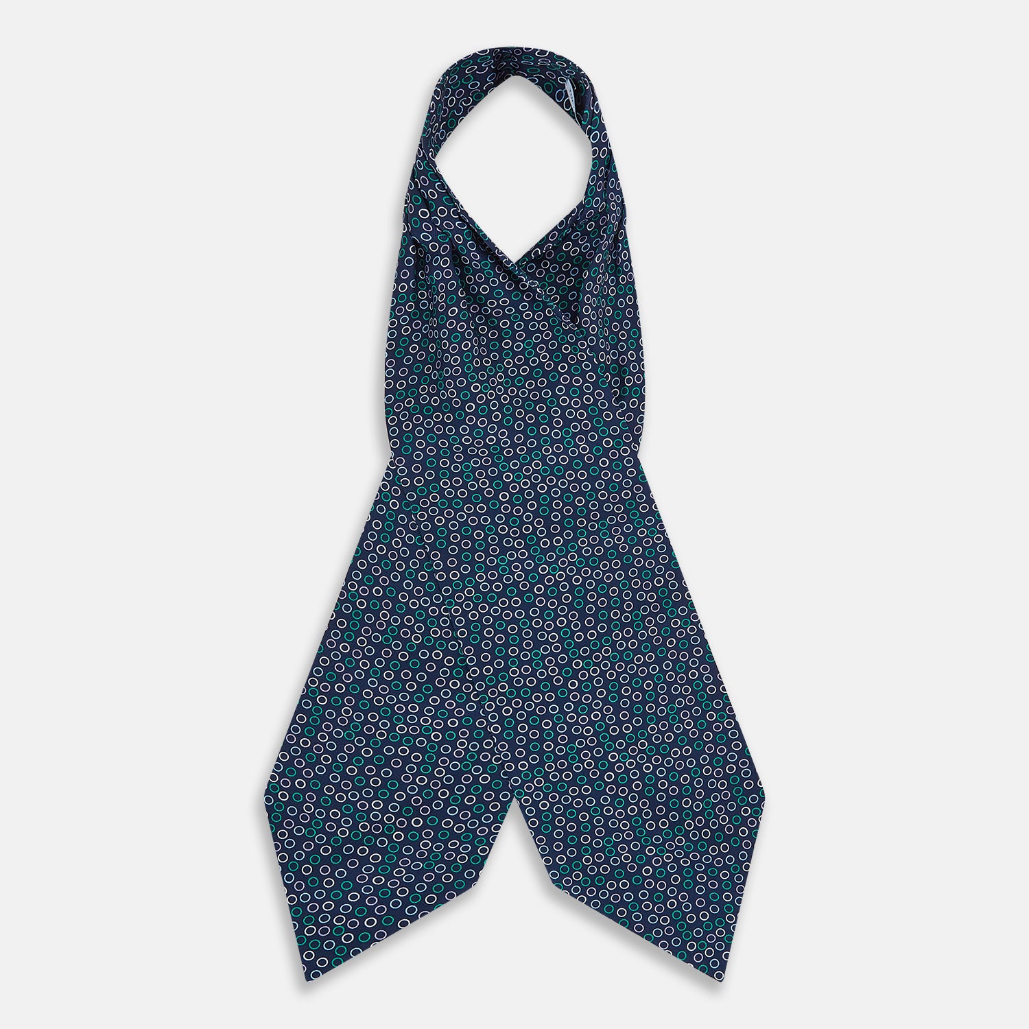 View 2 of product Turnbull & Asser's Multicoloured Dark Navy Circle Silk Cravat features blue, white, and green-outlined circles—ideal for weddings or pairing with classic British attire.