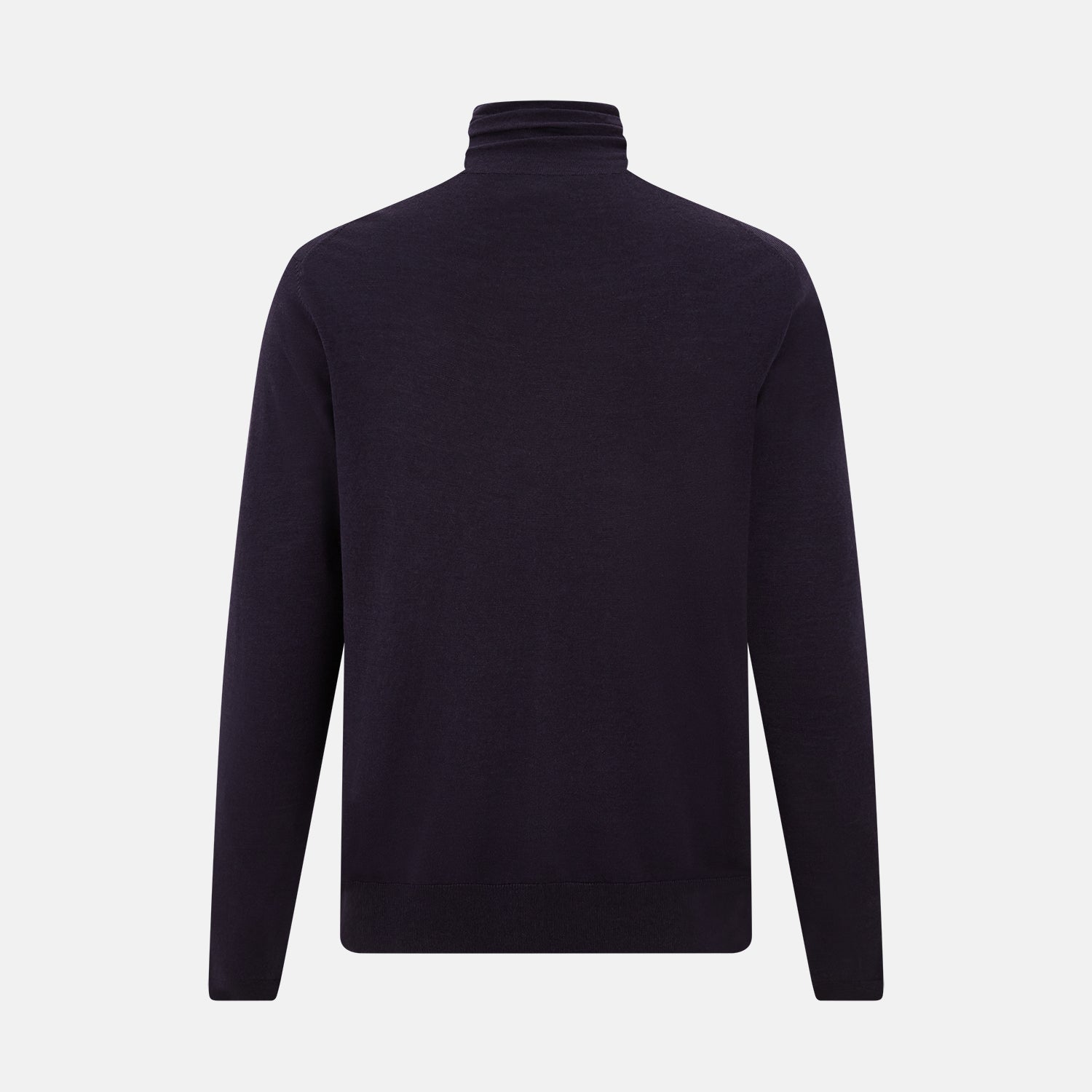 View 3 of product The Turnbull & Asser Dark Purple Fine Merino High Neck Jumper is shown against a white background. This classic sweater features a fitted collar and a simple, timeless design with no visible patterns or logos.