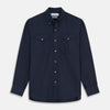 View 1 of product The Turnbull & Asser Navy Weekend Fit Nevis Cotton-Cashmere Shirt features a Dorset collar, 1-button cuffs, and is laid flat on a white background.