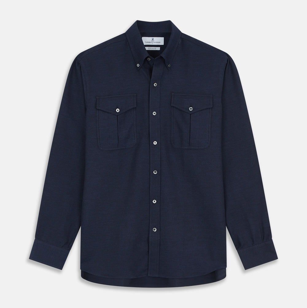 The Turnbull & Asser Navy Weekend Fit Nevis Cotton-Cashmere Shirt features a Dorset collar, 1-button cuffs, and is laid flat on a white background.