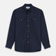 The Turnbull & Asser Navy Weekend Fit Nevis Cotton-Cashmere Shirt features a Dorset collar, 1-button cuffs, and is laid flat on a white background.