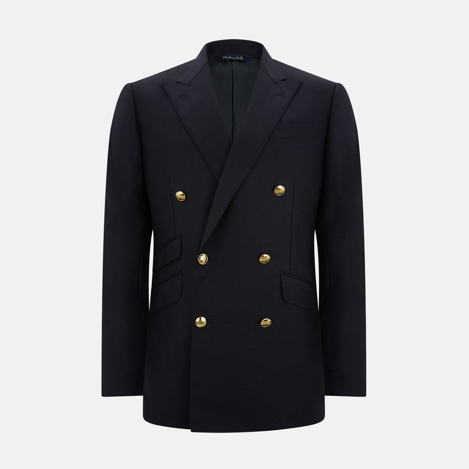 View 1 of product The Turnbull & Asser Navy Double Breasted Classic Blazer features gold buttons, peaked lapels, and multiple front pockets, exemplifying classic British tailoring against a plain light background.