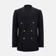 The Turnbull & Asser Navy Double Breasted Classic Blazer features gold buttons, peaked lapels, and multiple front pockets, exemplifying classic British tailoring against a plain light background.