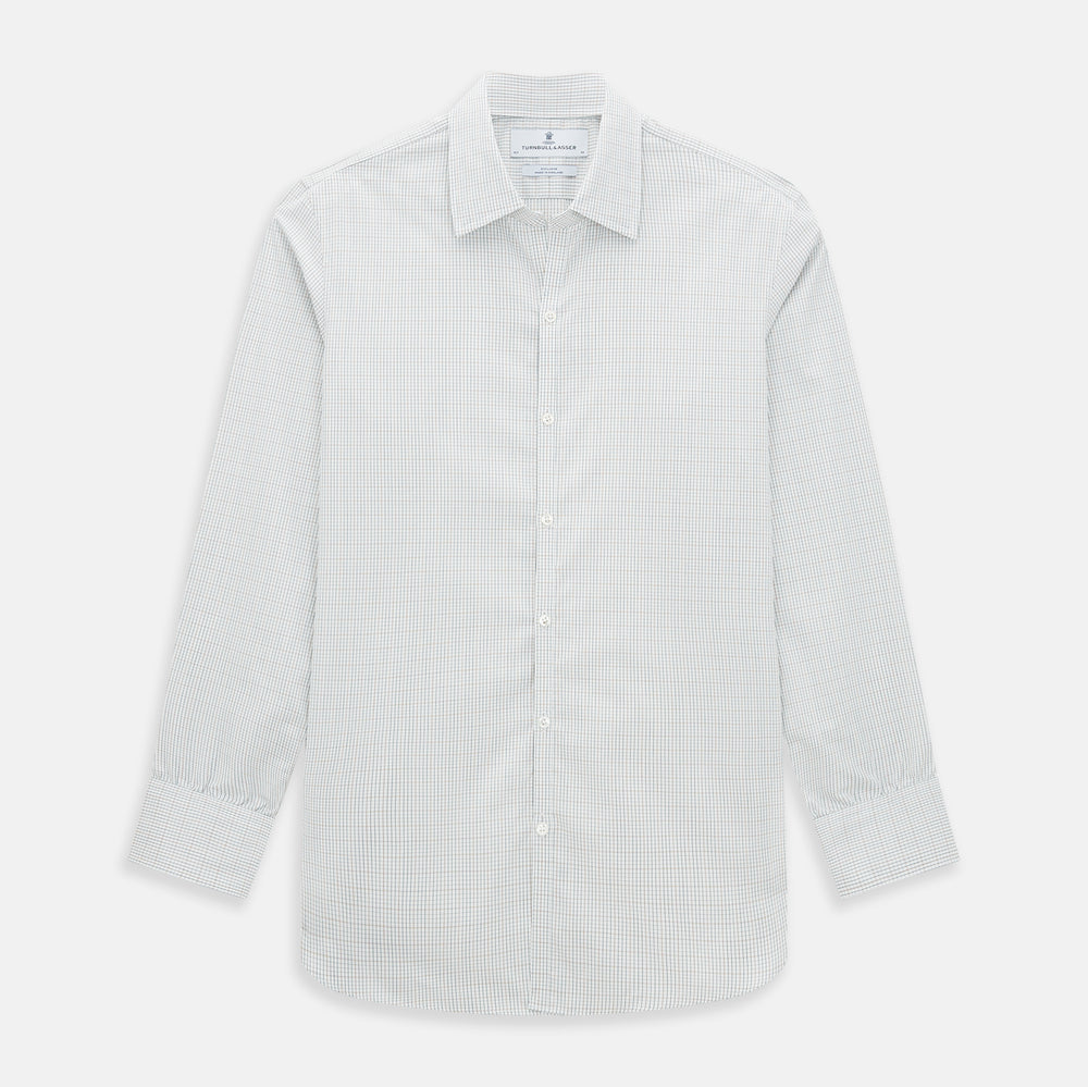 Turnbull & Asser's Forest Melange and Red Micro Check Windsor Shirt features a subtle check pattern, pointed collar, and white buttons—showcasing refined British craftsmanship.