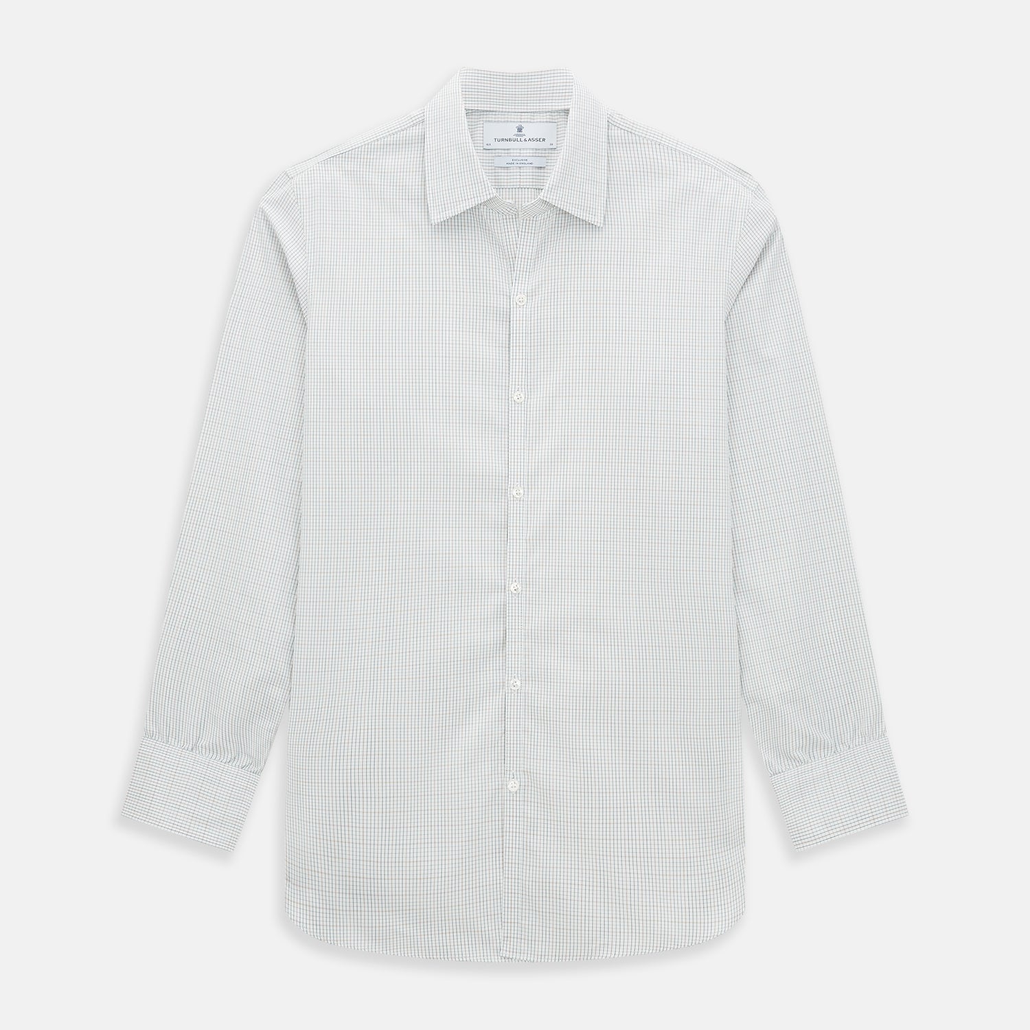 View 1 of product Turnbull & Asser's Forest Melange and Red Micro Check Windsor Shirt features a subtle check pattern, pointed collar, and white buttons—showcasing refined British craftsmanship.