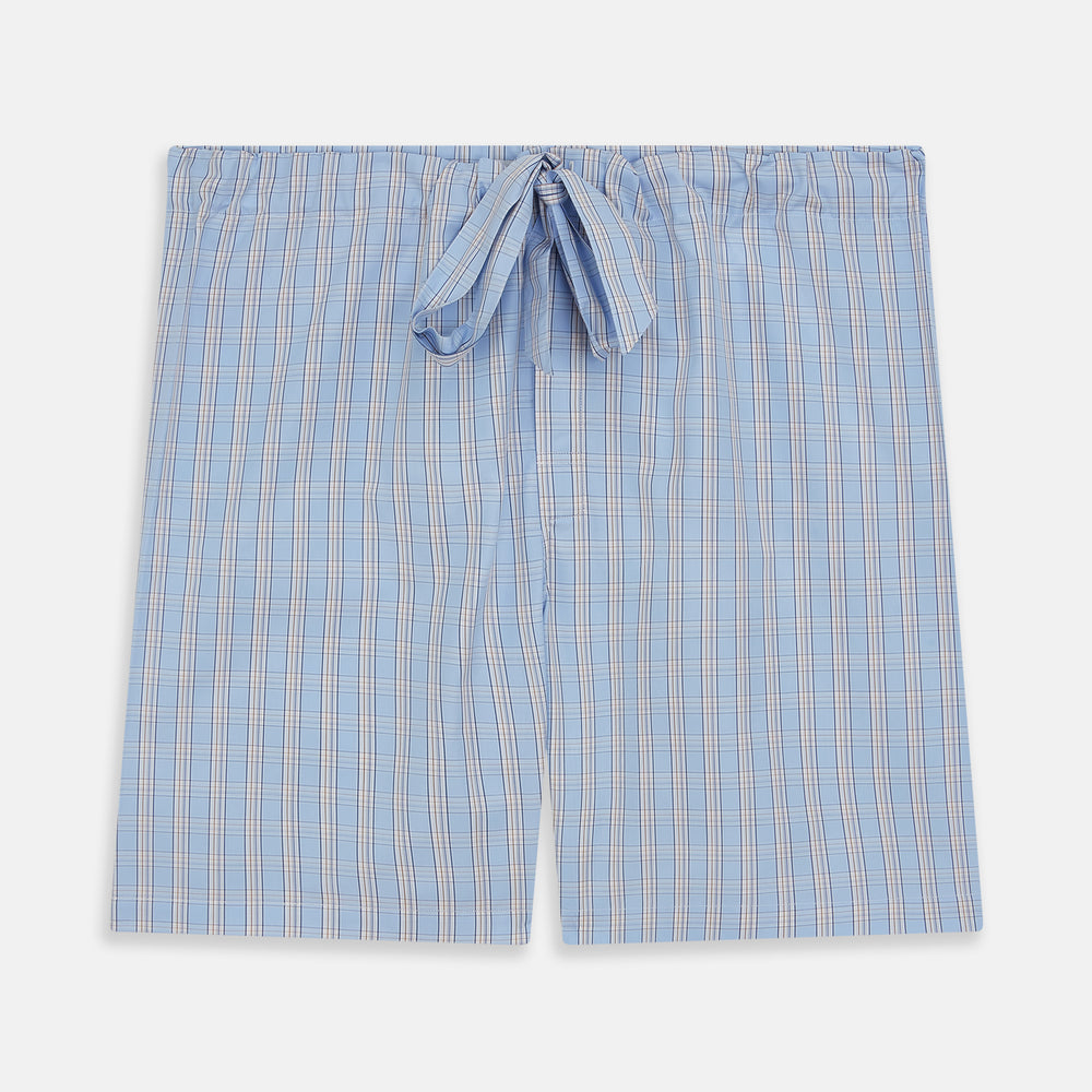 Turnbull & Asser Pale Blue Multi Check Cotton Duffield Pyjama Shorts feature a comfortable elastic and drawstring waist, with thin white and light red lines in the cotton fabric forming checks. The shorts are displayed against a plain white background.