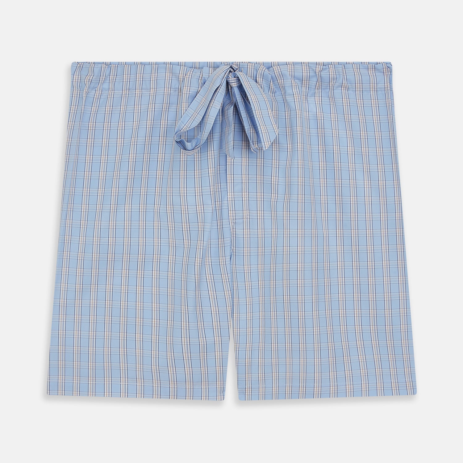View 1 of product Turnbull & Asser Pale Blue Multi Check Cotton Duffield Pyjama Shorts feature a comfortable elastic and drawstring waist, with thin white and light red lines in the cotton fabric forming checks. The shorts are displayed against a plain white background.