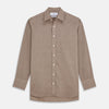 View 1 of product The Turnbull & Asser Camel Cotton Melange Regular Fit Mayfair Shirt features long sleeves, a classic T&A collar, white buttons, and buttoned cuffs in light brown cotton melange, displayed flat on a white background.