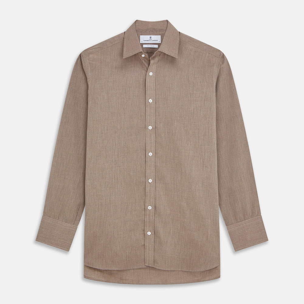 The Turnbull & Asser Camel Cotton Melange Regular Fit Mayfair Shirt features long sleeves, a classic T&A collar, white buttons, and buttoned cuffs in light brown cotton melange, displayed flat on a white background.