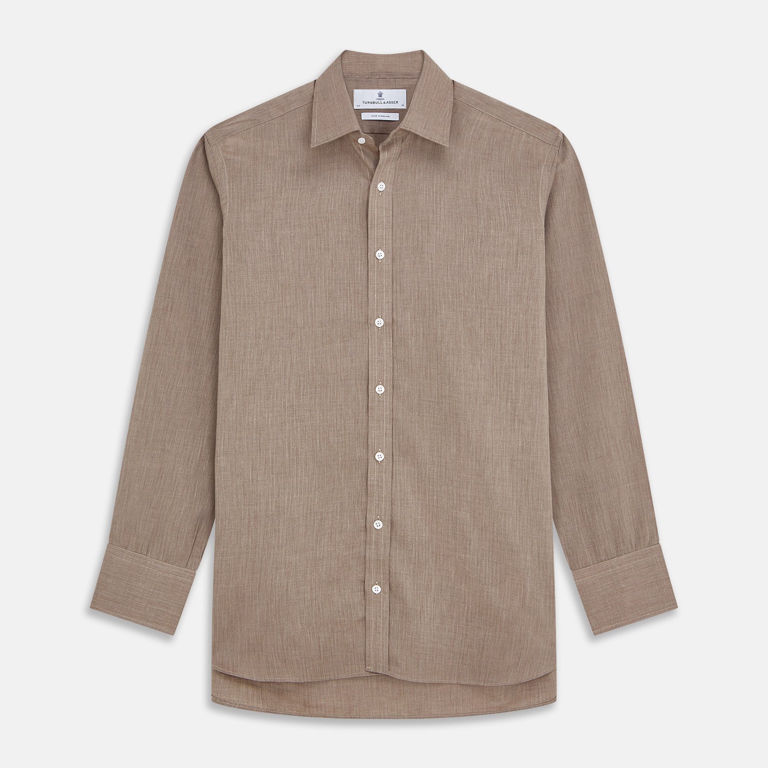 View 1 of product The Turnbull & Asser Camel Cotton Melange Regular Fit Mayfair Shirt features long sleeves, a classic T&A collar, white buttons, and buttoned cuffs in light brown cotton melange, displayed flat on a white background.