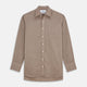 The Turnbull & Asser Camel Cotton Melange Regular Fit Mayfair Shirt features long sleeves, a classic T&A collar, white buttons, and buttoned cuffs in light brown cotton melange, displayed flat on a white background.