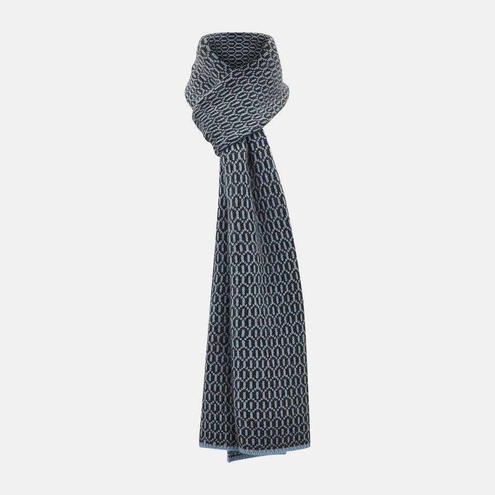 The Turnbull & Asser Dark Chocolate and Pale Blue Hexagon Cashmere Knitted Scarf is elegantly looped against a white background—an essential geometric accessory for any wardrobe.