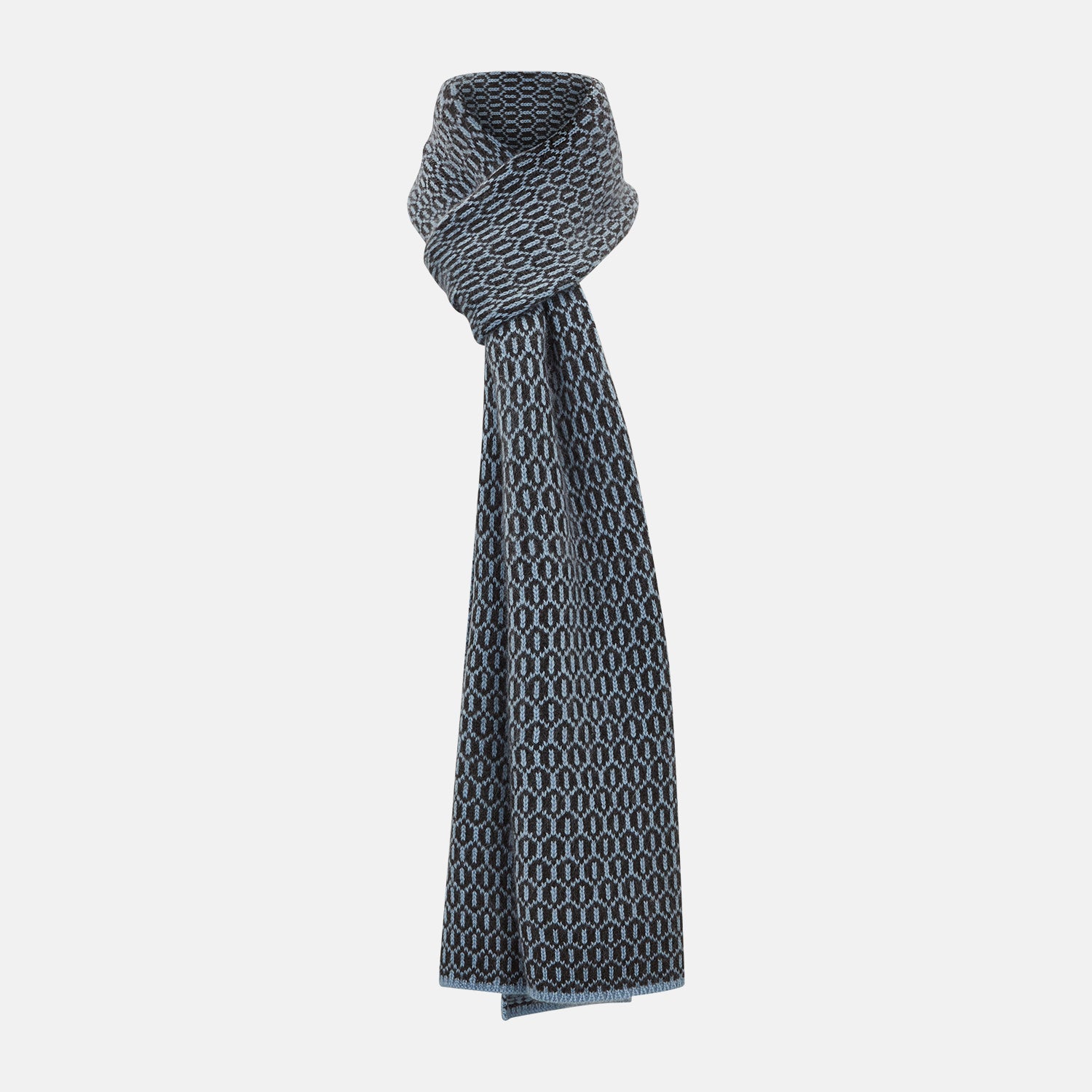 View 1 of product The Turnbull & Asser Dark Chocolate and Pale Blue Hexagon Cashmere Knitted Scarf is elegantly looped against a white background—an essential geometric accessory for any wardrobe.