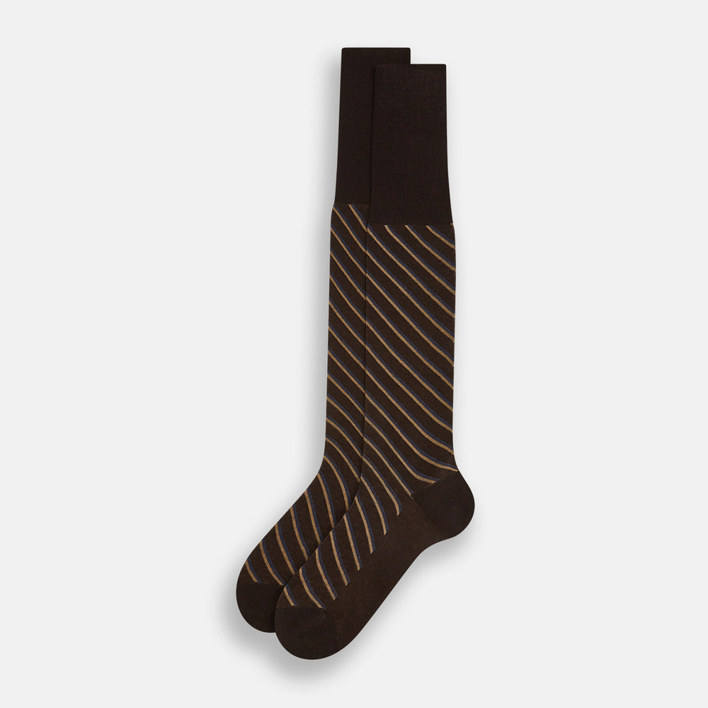 A single Turnbull & Asser Dark Chocolate/cream Diagonal Striped Long Sock, knee-high, is displayed against a plain white background.