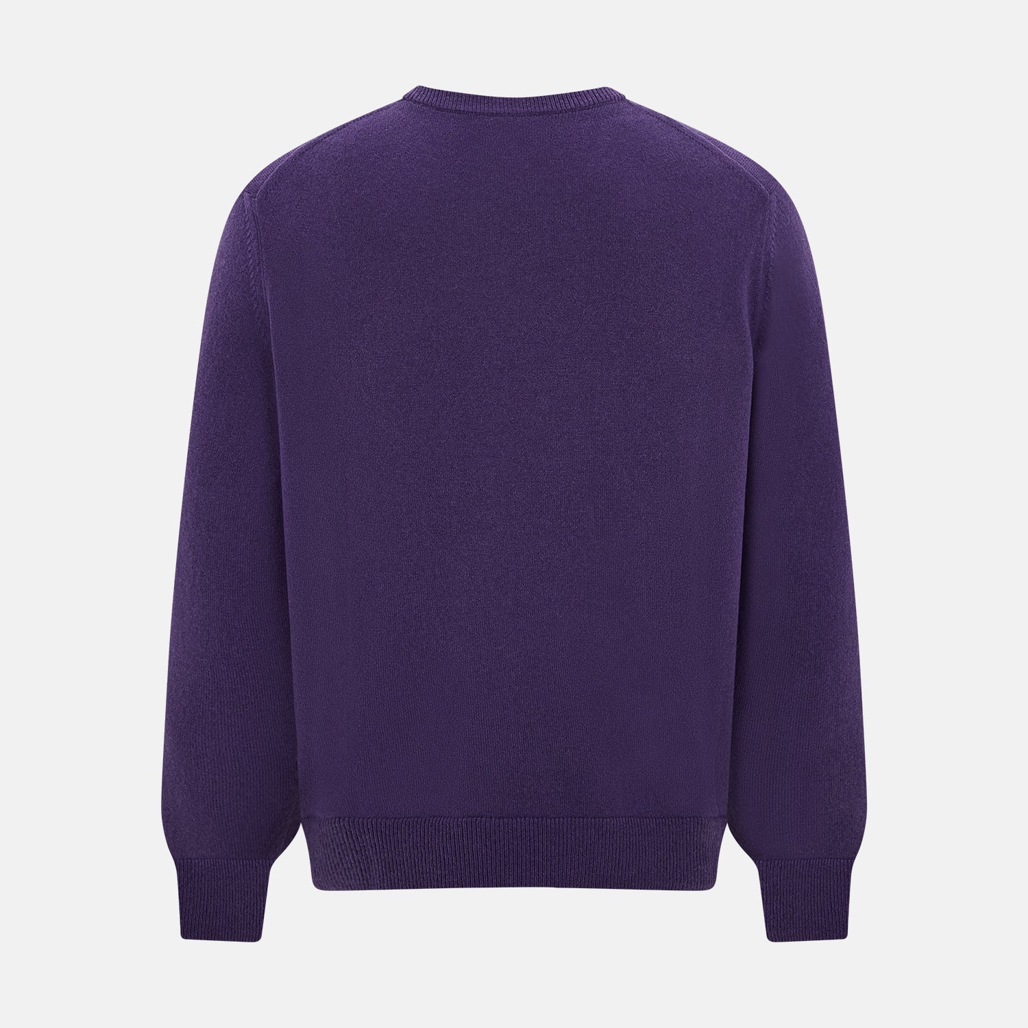 View 3 of product The Turnbull & Asser Purple Cashmere Round Neck Jumper features long sleeves, ribbed cuffs, hem, and collar for an elegant silhouette. This versatile knitwear piece is shown against a white background.