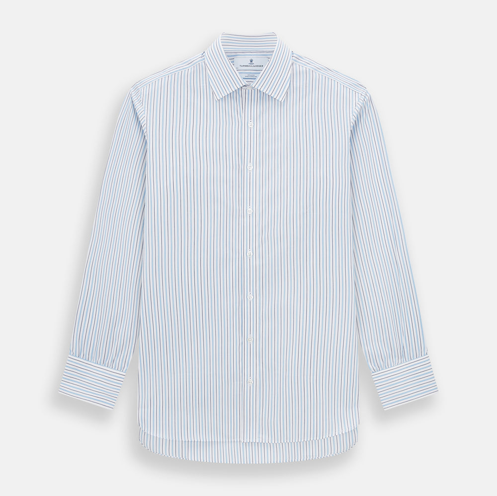 The Turnbull & Asser Blue Multi Halo Stripe Mayfair Shirt features long sleeves, a T&A collar with pointed tips, and buttoned cuffs, shown on a plain white background.