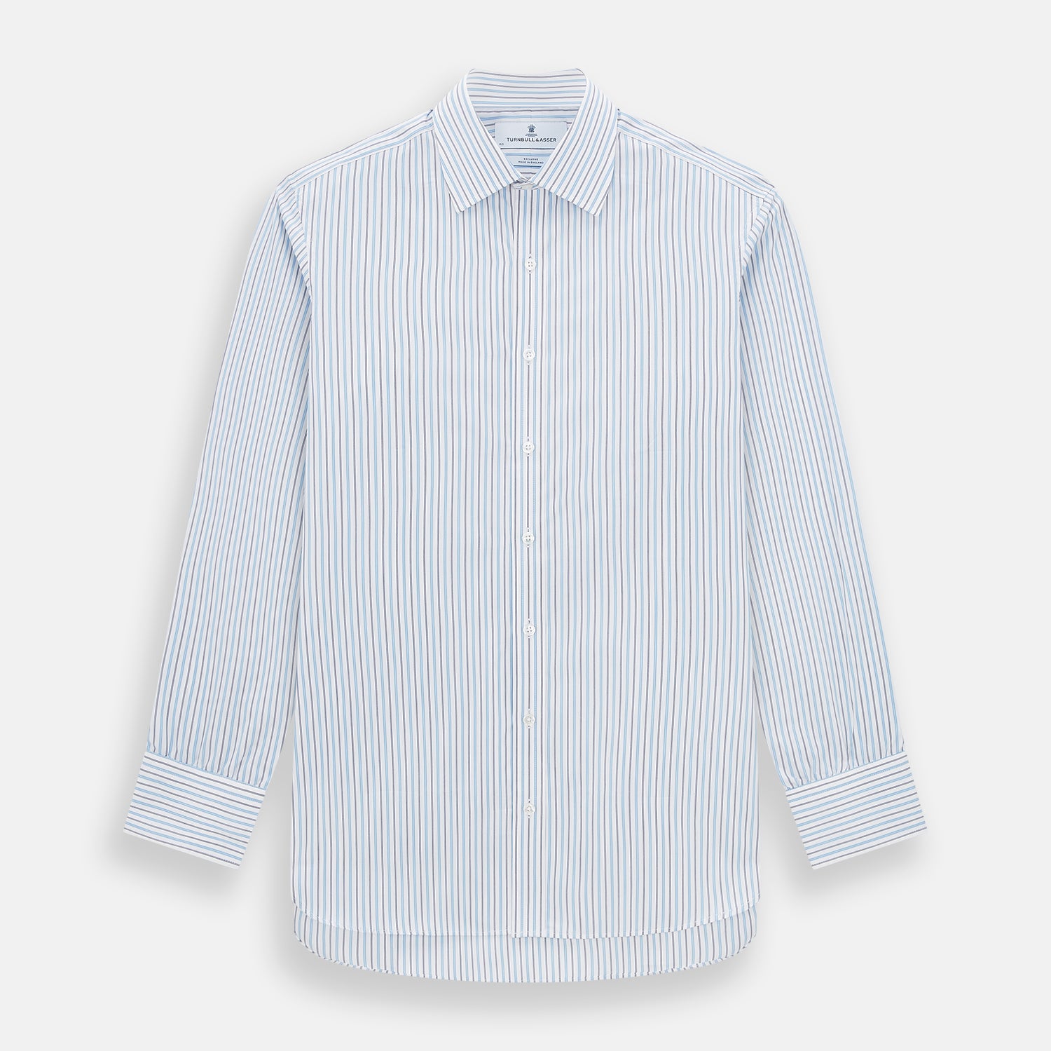 View 1 of product The Turnbull & Asser Blue Multi Halo Stripe Mayfair Shirt features long sleeves, a T&A collar with pointed tips, and buttoned cuffs, shown on a plain white background.