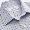 View 2 of product Turnbull & Asser Navy & Blue Stripe Weekend Fit Shirt, featuring a Derby collar, single button cuffs, and a chest pocket, laid flat on a white background.