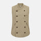 The Turnbull & Asser Sand Double-Breasted Quilted Gilet features a sleeveless design, brown buttons, slanted chest pocket, and two zippered side pockets—perfect for modern layered dressing. Shown on a plain white background.