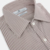 View 2 of product The Burgundy Halo Stripe Westminster Shirt by Turnbull & Asser features long sleeves, a button-up front, a Westminster collar, and thin vertical brown and white stripes, shown on a plain white background.