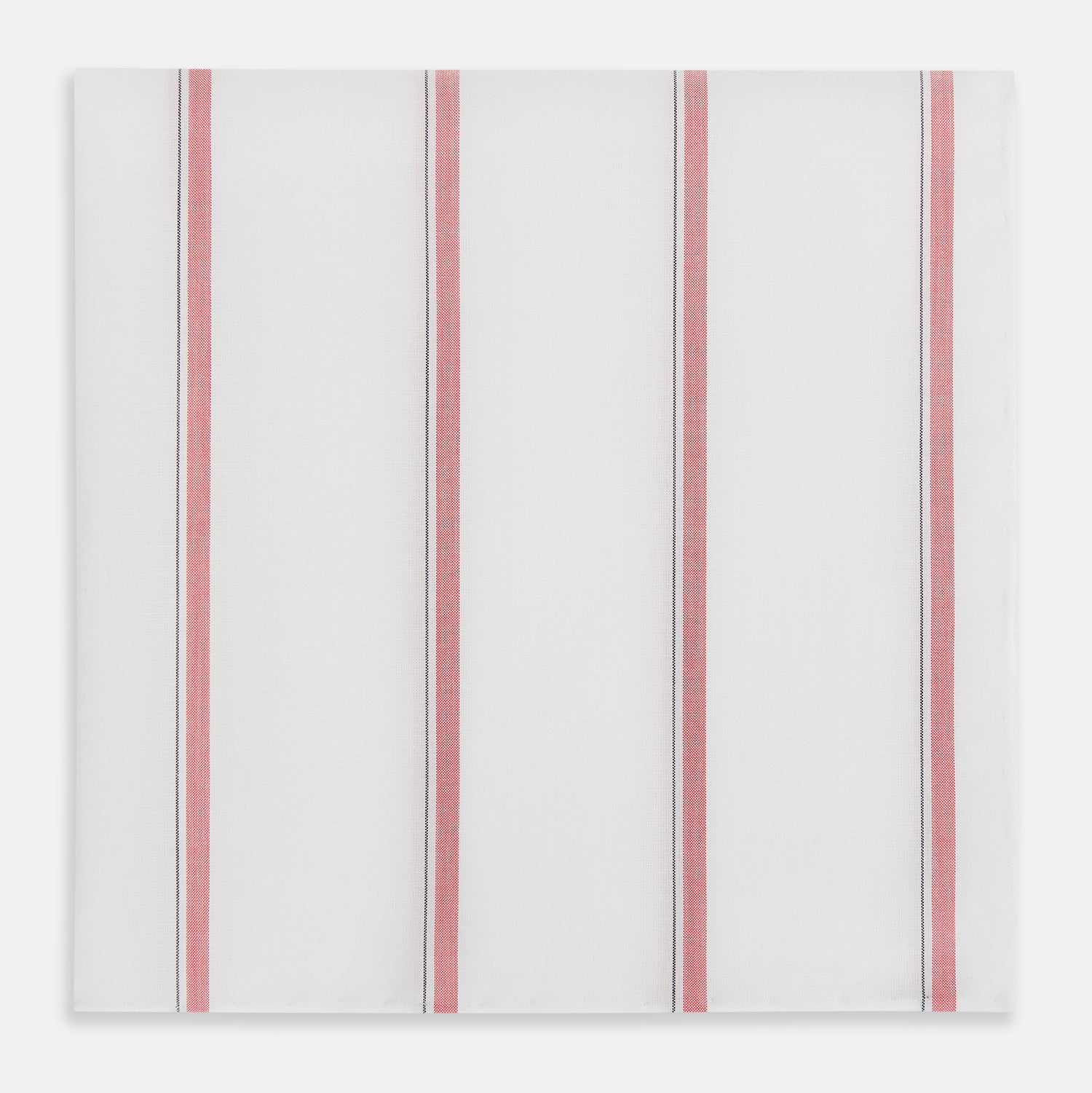 View 1 of product The Turnbull & Asser Coral Track Stripe Hand-Rolled Handkerchief features evenly spaced vertical coral stripes bordered by thin gray lines, finished with hand-rolled edges and displayed neatly folded on a white background.