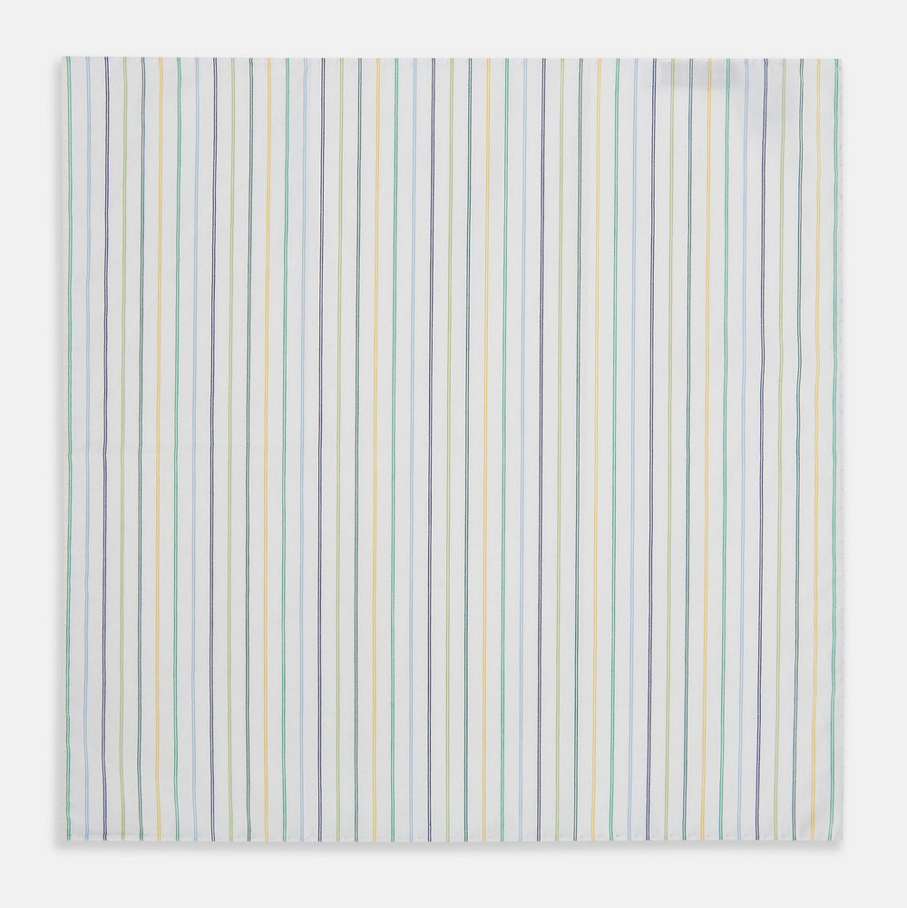 The Turnbull & Asser Yellow Multi Double Pinstripe Hand-Rolled Handkerchief features white fabric with thin blue, green, yellow, and gray stripes. Meticulously hand-rolled edges showcase the superior English craftsmanship.