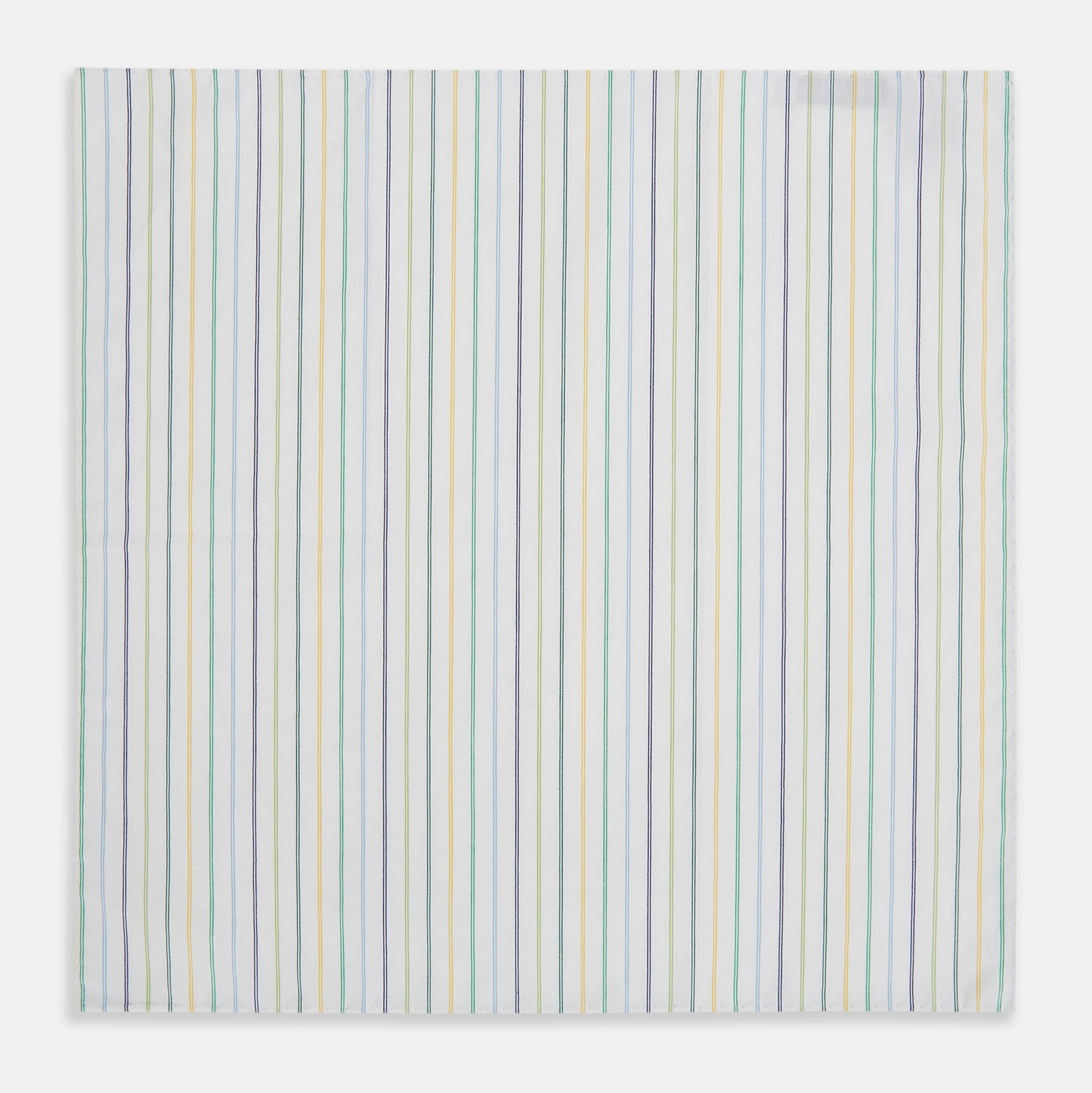 View 2 of product The Turnbull & Asser Yellow Multi Double Pinstripe Hand-Rolled Handkerchief features white fabric with thin blue, green, yellow, and gray stripes. Meticulously hand-rolled edges showcase the superior English craftsmanship.