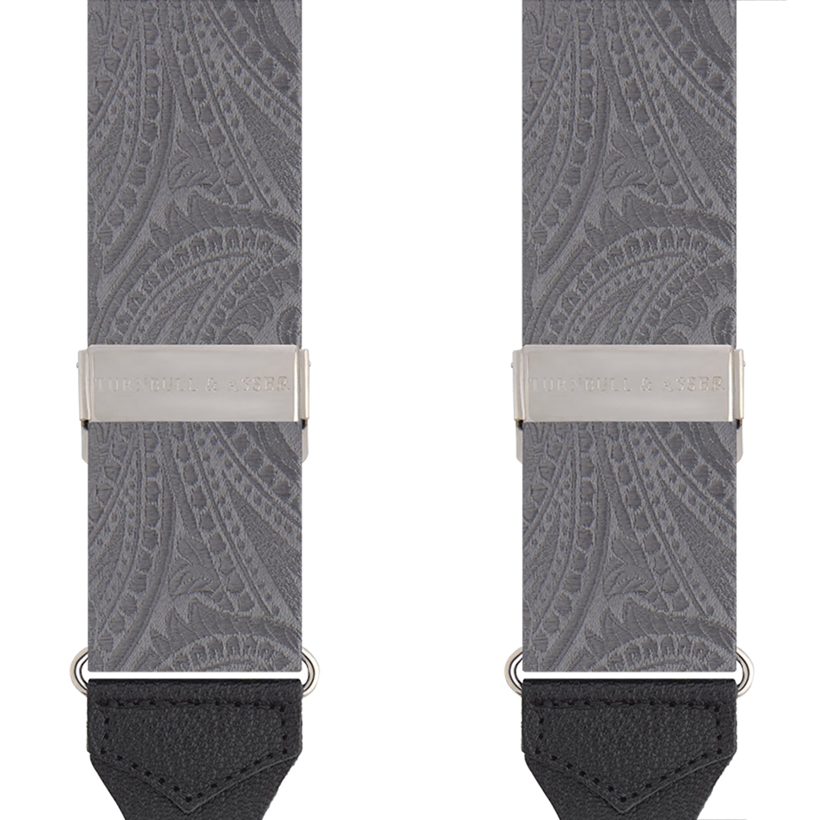 View 2 of product The Turnbull & Asser Silver Paisley Adjustable Silk Braces feature gray paisley silk with silver fittings and black leather ends, offering refined style. The symmetrical braces are displayed flat on a white background.