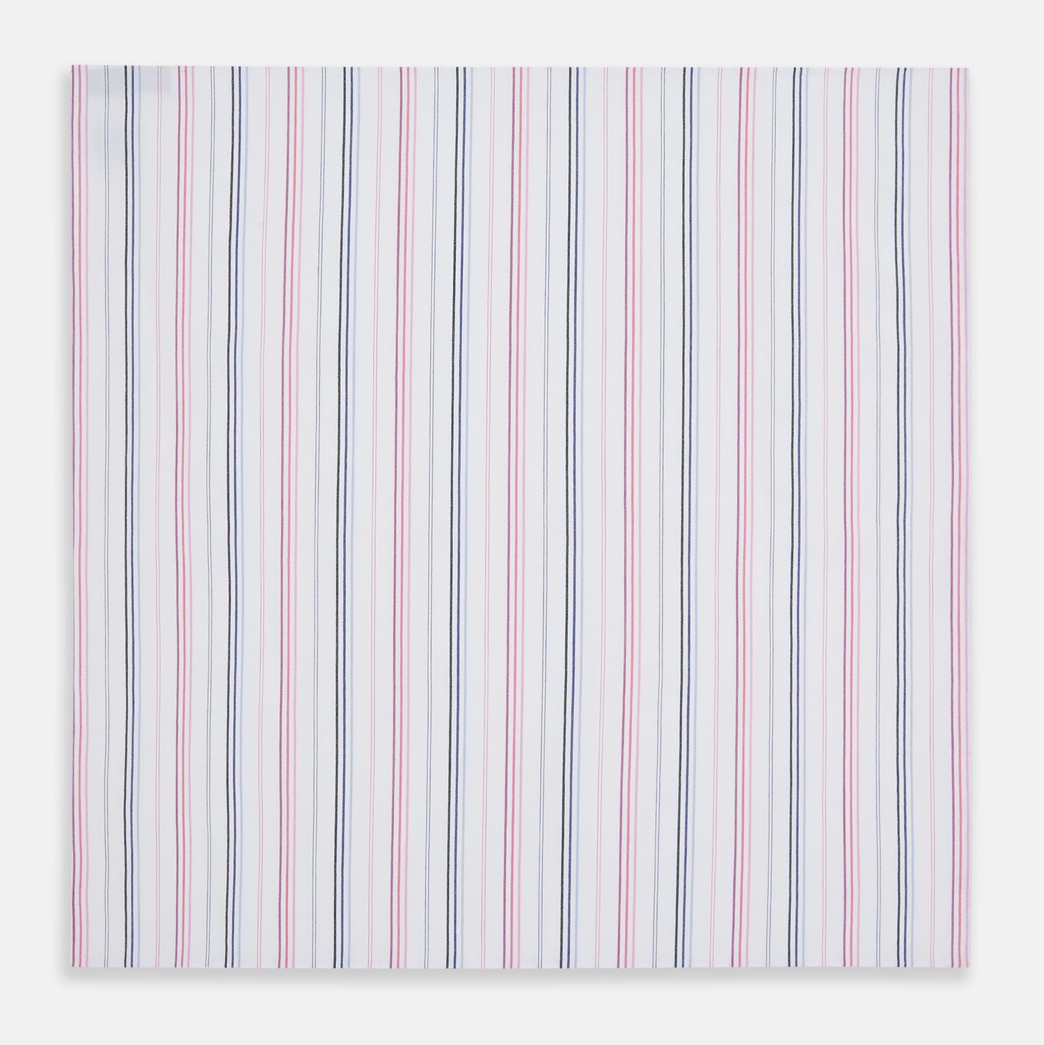 View 6 of product The Turnbull & Asser Hand Rolled Pink and Blue Multi Stripe Handkerchief features evenly spaced vertical stripes on white—a refined pocket square and essential gentleman's accessory.