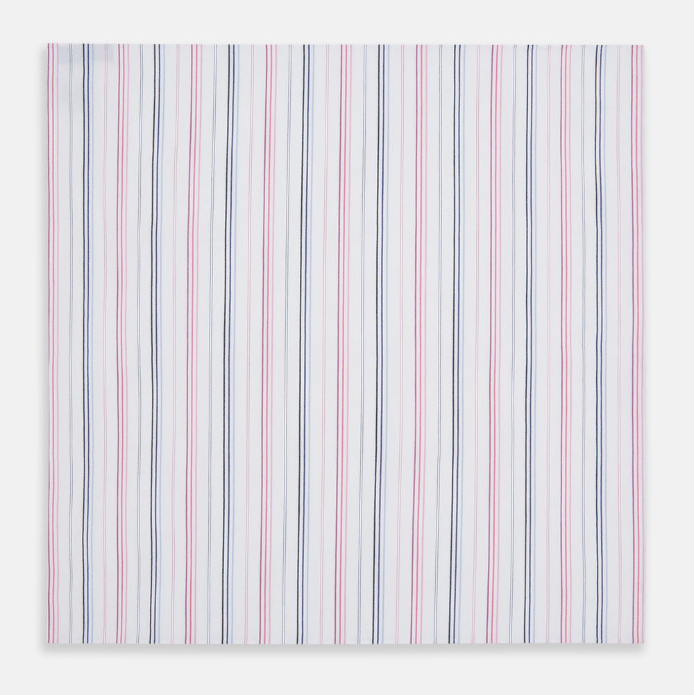 The Turnbull & Asser Hand Rolled Pink and Blue Multi Stripe Handkerchief features evenly spaced vertical stripes on white—a refined pocket square and essential gentleman's accessory.