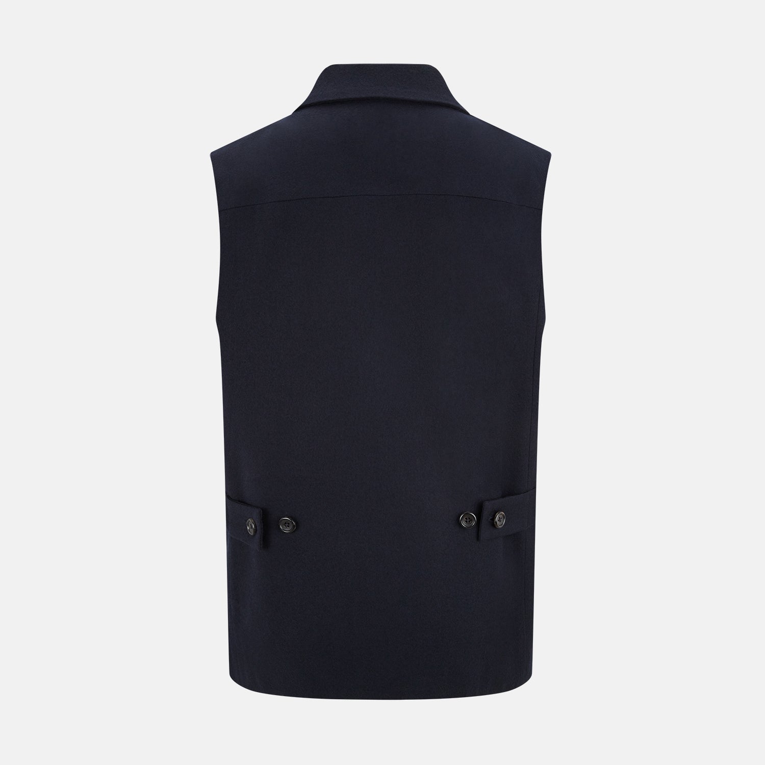 View 4 of product The Turnbull & Asser Navy Collared Single-breasted Waistcoat features a sleeveless design, wool-cashmere blend, two zippered side pockets, and a chest pocket—ideal for upgrading your winter look—shown on a white background.