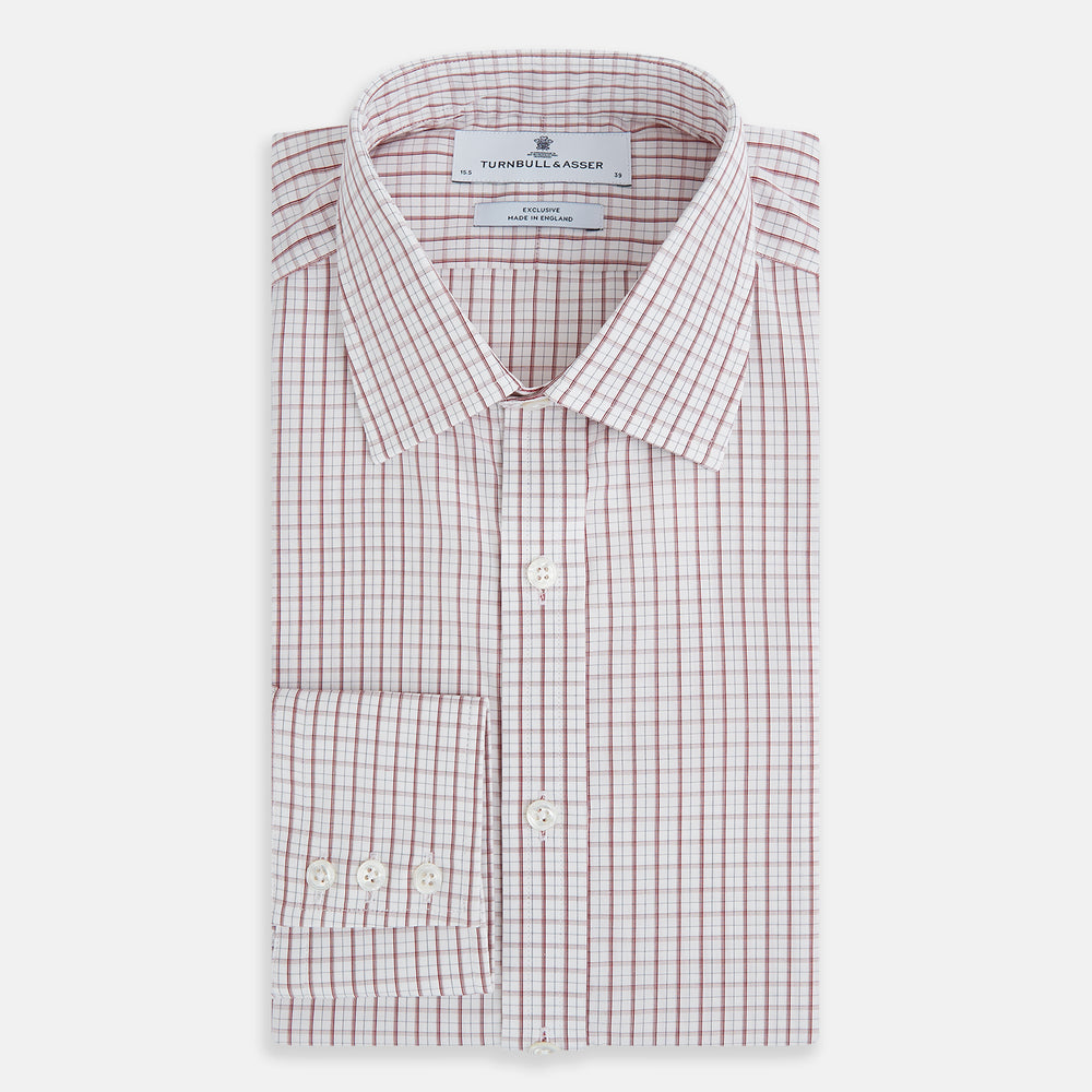 The Turnbull & Asser Red Tattersall Check Mayfair Shirt features long sleeves, a collar, and Italian cotton with a red tattersall check on white, shown flat against a white background.