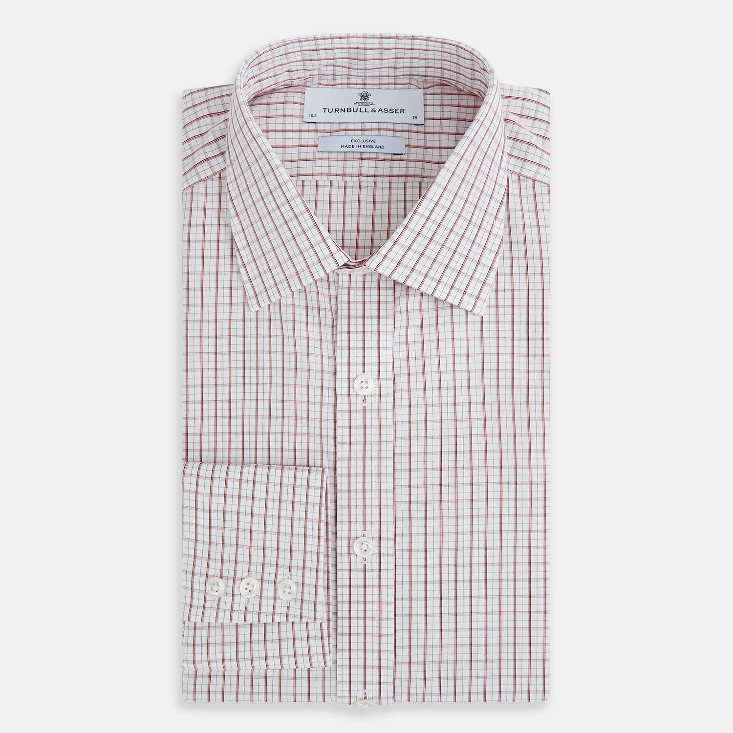 View 5 of product The Turnbull & Asser Red Tattersall Check Mayfair Shirt features long sleeves, a collar, and Italian cotton with a red tattersall check on white, shown flat against a white background.