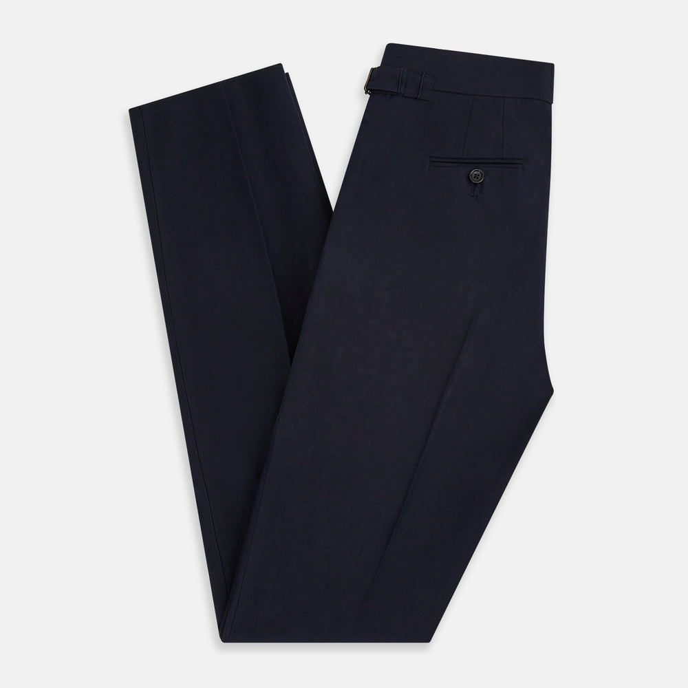 Turnbull & Asser Navy Linen Henry Trousers feature a button closure and pressed front creases, ideal as formal navy trousers, and are shown against a plain white background.