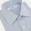 View 2 of product The Turnbull & Asser Blue Multi Tattersall Check Mayfair Shirt is a long-sleeved, button-down shirt featuring a small blue and white check pattern, pointed collar, and cuffs, shown laid flat on a white background.