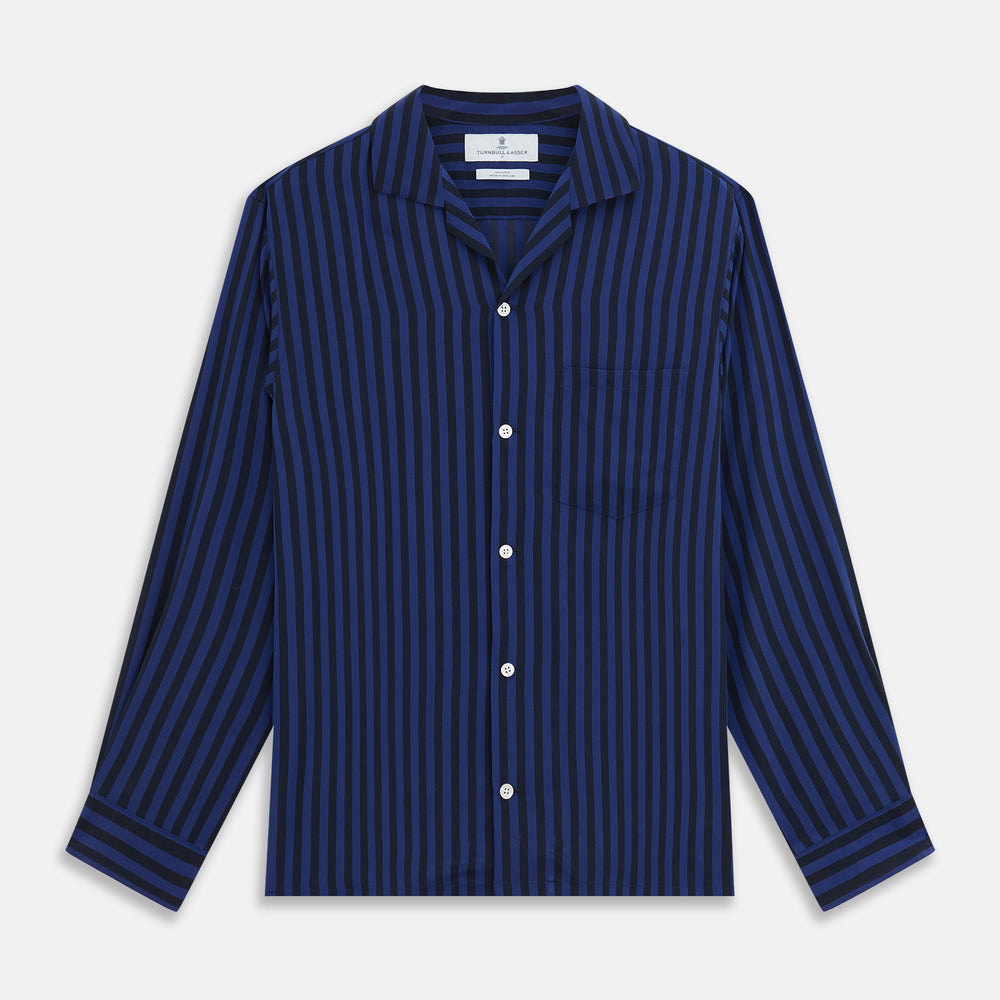 The Turnbull & Asser Navy and Blue Multi Stripe Silk Holiday Fit Winnington Shirt features white buttons, a notched collar, and a chest pocket, shown laid flat on a white background.