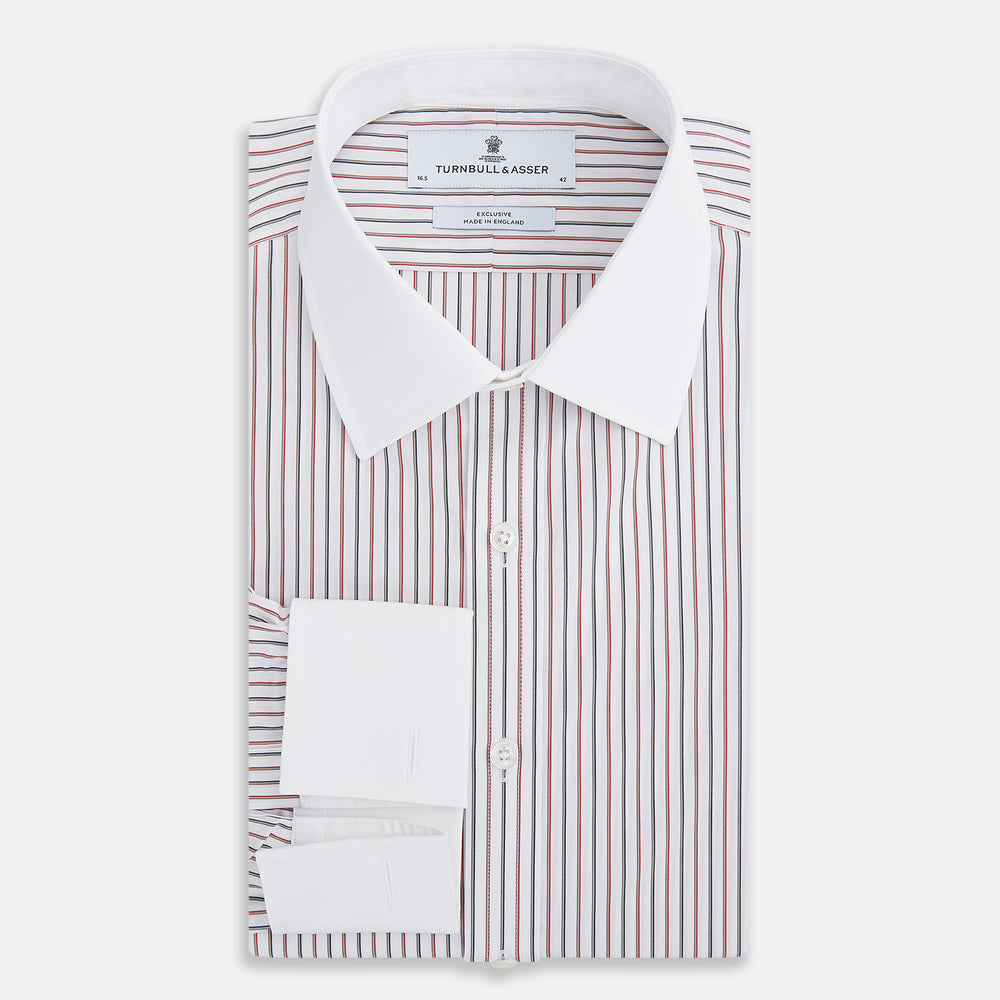 The Red Double Stripe Shirt with contrast T&A collar and cuffs by Turnbull & Asser features classic thin vertical red stripes and solid white collar and cuffs, laid flat on a white background for a timeless look.